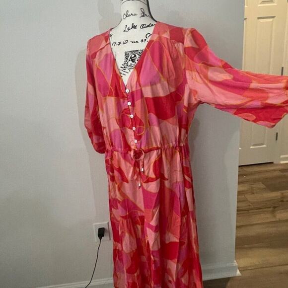 SMOCKED MAXI DRESS Sz 3XL PINK/ORANGE TIERED 3/4 Sleeve BOHO CHIC 100% RAYON - Picture 13 of 16